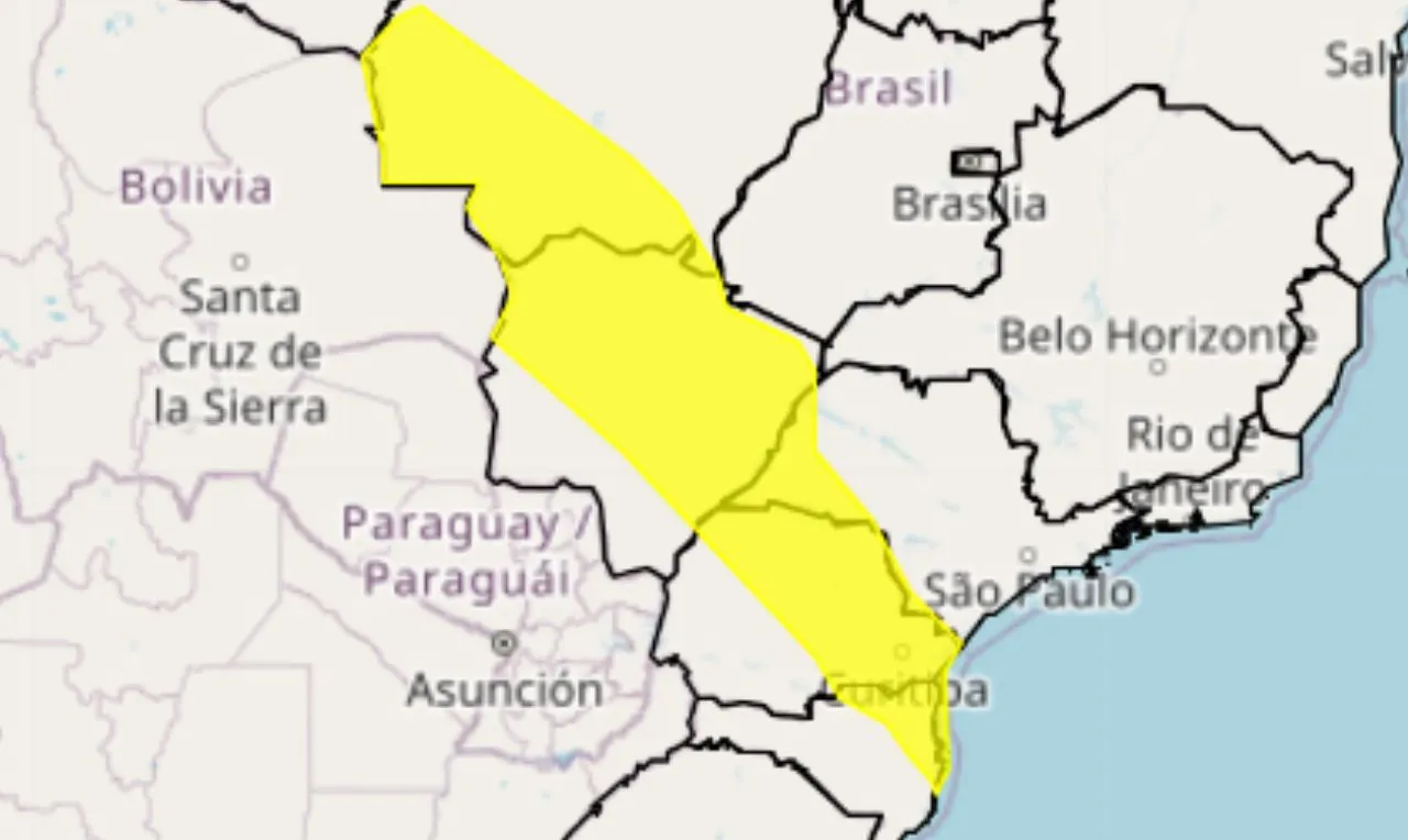 O mapa mostra às áreas em alerta amarelo para tempestade